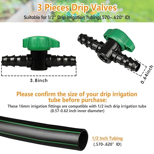 Drip Irrigation 1/2" Barbed Valve, 3 Pack Drip Irrigation Parts 1/2" Shut Off Valves for 1/2 Inch Drip Irrigation Tubing (.570-. 620" ID), Barbed Cut Off Switch Valve for Drip Irrigation System