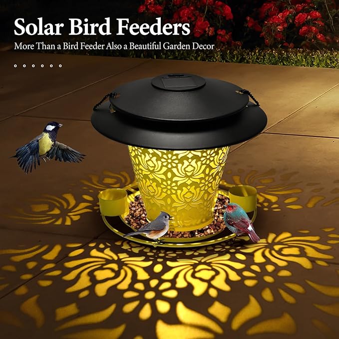 Solar Bird Feeders for Outside Hanging Metal Wild Bird Feeder Solar Lanterns Outdoor Waterproof Garden Decor for Yard Yellow