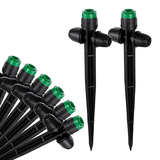 30pcs Drip Irrigation Emitters Sprayer for 1/4" Drip Irrigation Tubing Adjustable 360 Degree Water Flow Drippers on 6.5" Sturdy Stake with Lock Barbed Irrigation Drippers
