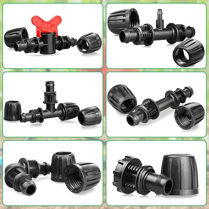 Drip Irrigation Fittings Kit for 1/2 Inch Tubing：1/2'' Drip Line Anti-Drop Barbed Locked Nut Connectors 18 Pieces Set Include 4 Couplings 4 Tees 2 Elbows 3 Valves 3 Reducing Tee 2 Plugs