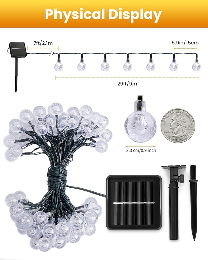 Brightown Solar String Lights Outdoor 60 Led 35.6 Feet 8 Lighting Modes Globe Waterproof Solar Powered Patio Lights for Garden Yard Porch Wedding Party Decor (Pure White)