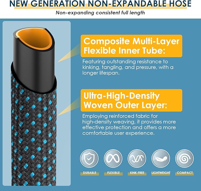 Non-Expanding Garden Hose 50 ft, Flexible Kink Free Water Hose with 10 Watering Spray Nozzle, Lightweight Hose Pipe, Leak-Proof, Durable, 3/4" Brass Alloy Connector, Portable Storage Strap