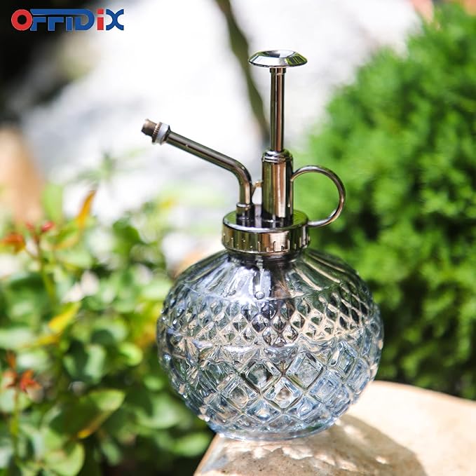 OFFIDIX Plant Mister, Vintage Glass Spray Bottle, Flower Mister 300ML Small Watering Can with Plastic Top Pump, Spray Bottle for Garden, Plants, Cleaning (Gray)