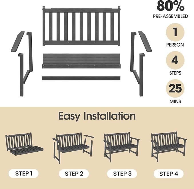 Ciokea 44" Outdoor Bench, HDPE Weatherproof Garden Bench, 2-Person Porch Benches with 550 Lbs, Waterproof Patio Benches for Outside Balcony Deck Backyard, Dark Grey
