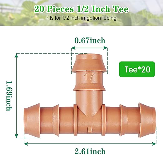 Drip Irrigation Barbed Tee：20 Pack Drip Irrigation Tee Parts Fits for 1/2 Inch Drip Irrigation Tubing 17mm 0.600" ID Tee Connectors for Patio Lawn Garden