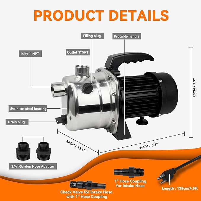 BACOENG 1.6 HP Water Transfer Pump Sprinkler Garden Pump, 1000GPH Lawn Pressure Booster Pump, Lake Pump for Irrigation and Water Draining, w/Check Valve & 3/4" Garden Hose Adapters