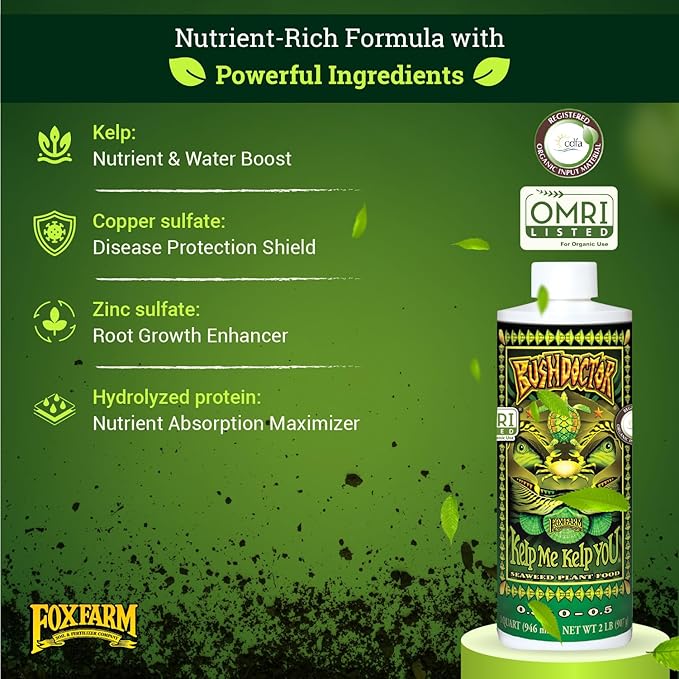 FoxFarm Bushdoctor Kelp Me Kelp You Fertilizer, Liquid Seaweed Extract for Plants, Vegetables, & Flowers - Promotes Root Growth & Soil Health - Perfect for Hydroponics & Soil, NPK 0.5-0-0.5 (Quart)