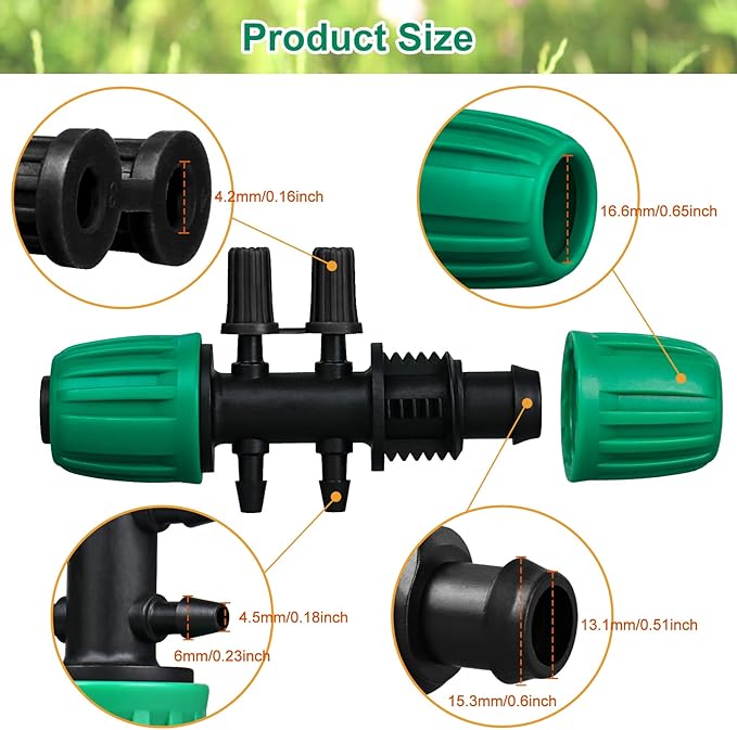 JAYEE Drip Irrigation Fittings, 10 Pcs Lock Barbed Tee for 1/2 to 1/4 Inch Vinyl Tubing, Drip Line Parts 6-Way Tees Irrigation Connectors for Drip Sprinkler Garden Lawn Systems, Green