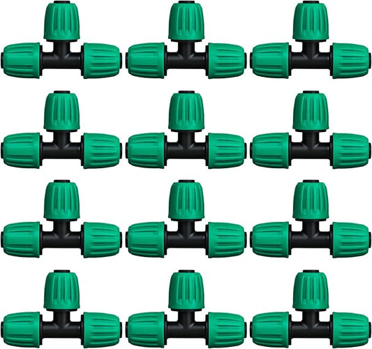 JAYEE 1/2 Inch Drip Irrigation Fittings, 12 Pcs Lock Barbed Tee for 1/2 in Vinyl Tubing, Drip Line Parts 3-Way Tees Irrigation Connectors for Drip Sprinkler Garden Lawn Watering Systems, Green