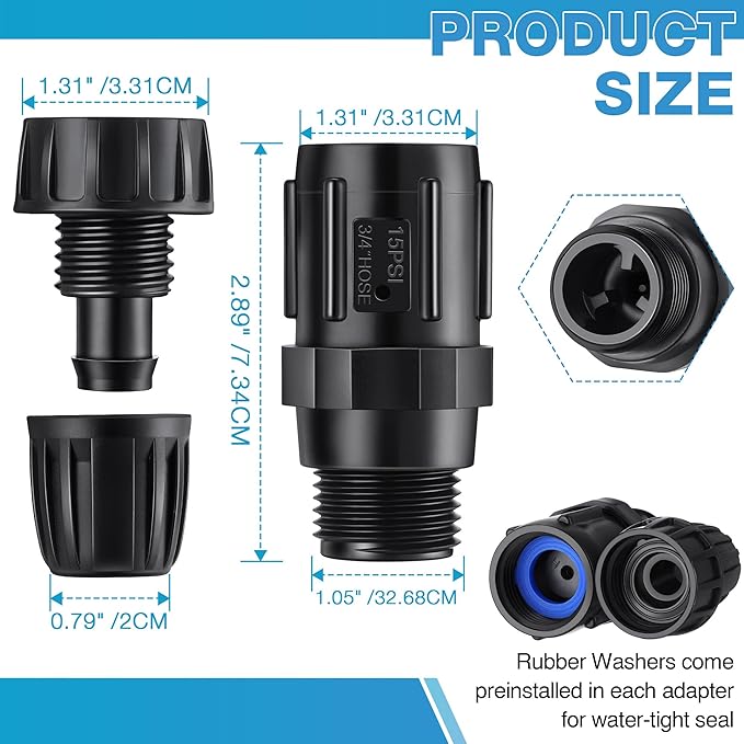 4 Pcs 15 PSI Drip Irrigation Pressure Regulator Faucet Adapter Kit, 2 Pcs 3/4" FHT x 3/4'' MHT Pressure Regulator, 2 Pcs 1/2 Inch Drip Irrigation Tubing Adapter for Drip Irrigation System