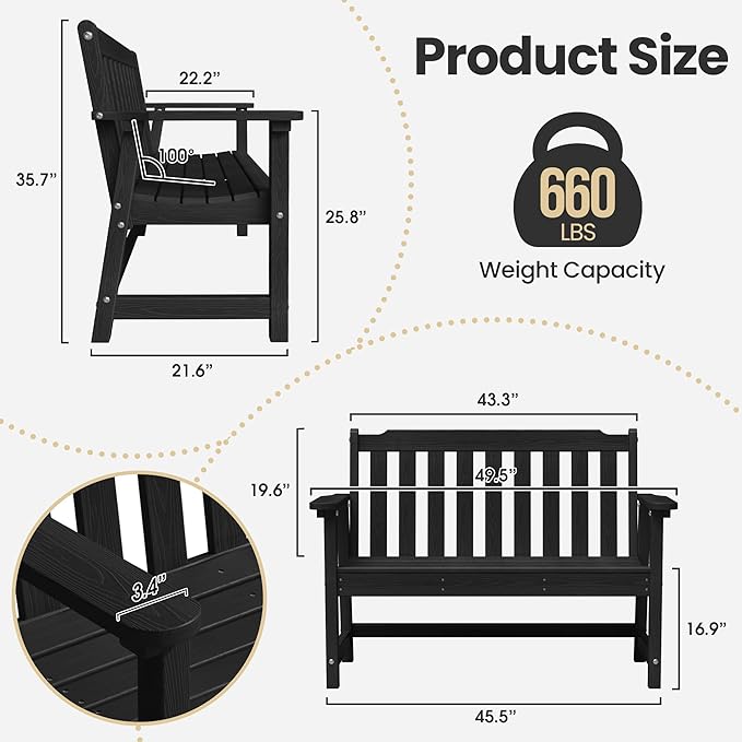Ciokea 46" Heavy Duty Outdoor Bench Set of 2, HDPE Weatherproof Garden Bench, 2-Person Memorial Benches with 660 Lbs, Waterproof Patio Porch Benches for Outside Business Deck Office Backyard, Black