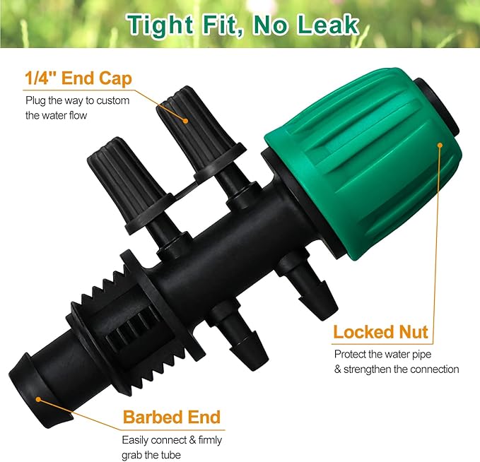 JAYEE Drip Irrigation Fittings, 10 Pcs Lock Barbed Tee for 1/2 to 1/4 Inch Vinyl Tubing, Drip Line Parts 6-Way Tees Irrigation Connectors for Drip Sprinkler Garden Lawn Systems, Green
