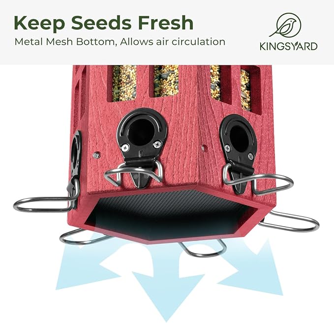 Kingsyard Wild Bird Feeder for Outdoor Hanging, Recycled Plastic Bird Feeders with 6 Ports & U-Shape Perch, Garden Yard Outside Decoration, 3.5 lbs Seed Capacity, Red