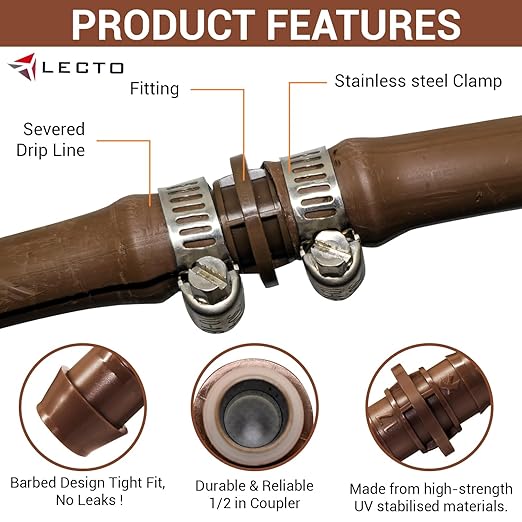 LECTO Universal 5/8", 1/2", .700" Drip Line Repair Kit – Coupler, 3