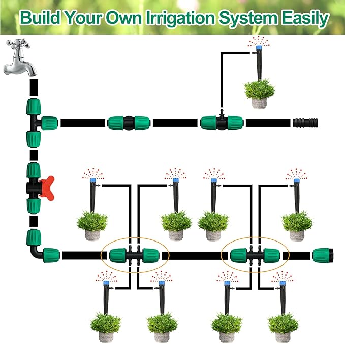 JAYEE Drip Irrigation Fittings, 10 Pcs Lock Barbed Tee for 1/2 to 1/4 Inch Vinyl Tubing, Drip Line Parts 6-Way Tees Irrigation Connectors for Drip Sprinkler Garden Lawn Systems, Green