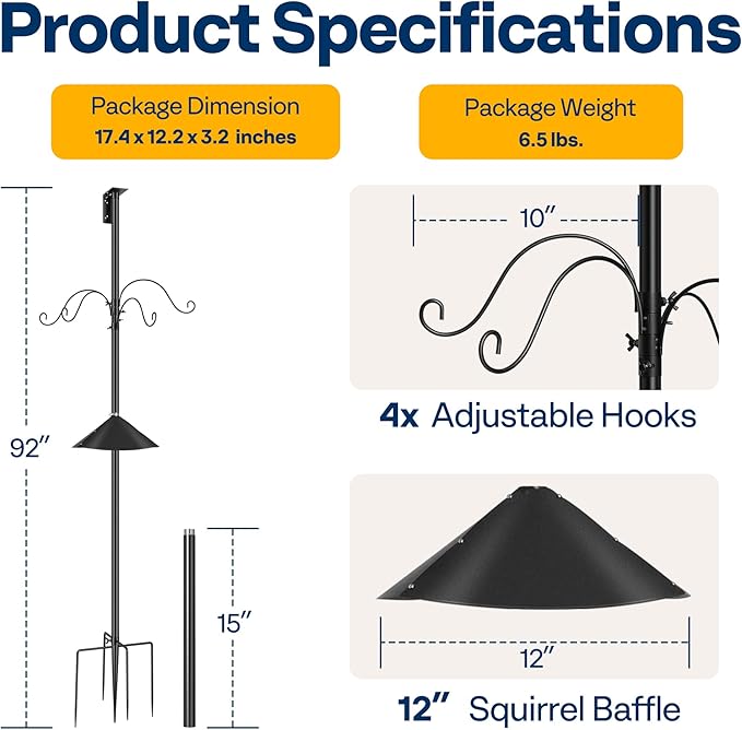 VIVOHOME 106 Inch Bird Feeder Pole, Heavy Duty Adjustable Bird House Stand Pole for Outdoor, Bird House Pole Mount Kit with 5 Prong