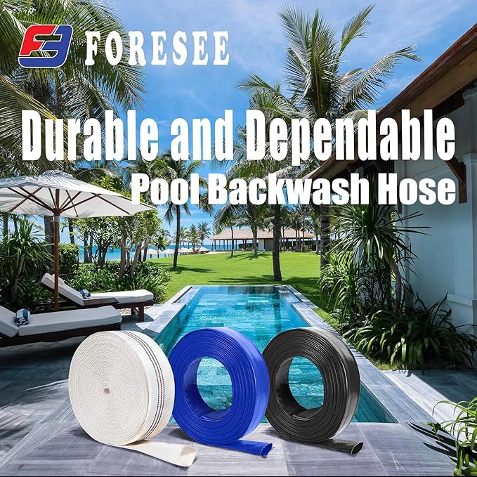 Foresee 1.50 in x 30 ft Backwash Discharge Hose Heavy Duty Reinforced, PVC Lay-Flat Fire Hose (White) with Dual Clamps, for Swimming Pool Pipe, Pump, Water Transfer, Garden Irrigation