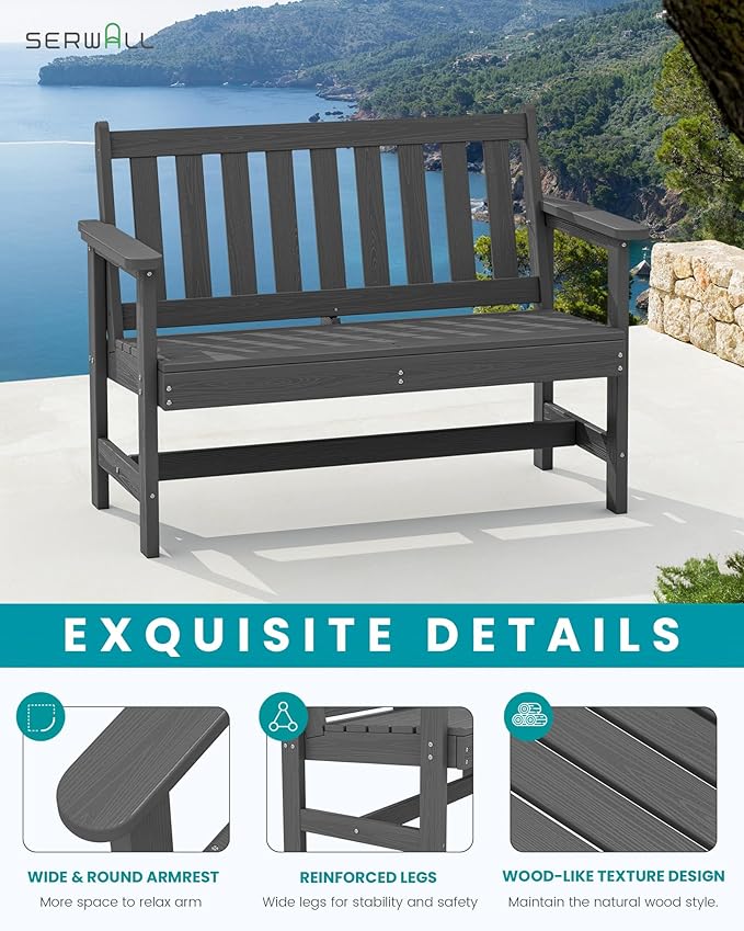 SERWALL Outdoor Bench, HDPE Outdoor Benches Weatherproof, 2-Person Garden Bench with 660 lbs Weight Capacity, Patio Benches for Outdoors, Garden, Porch, Backyard and Park, Grey
