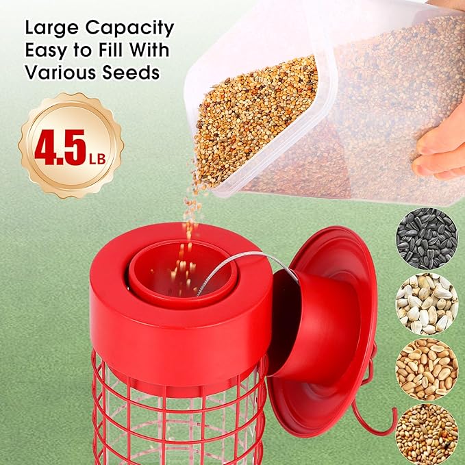 Squirrel Proof Bird Feeder for Outdoors, Weatherproof Metal Feeder, 4.5 lb Large Capacity, Weight-Activated Perches, Hanging Feeder for Cardinals, Finches, Wild Birds, Red