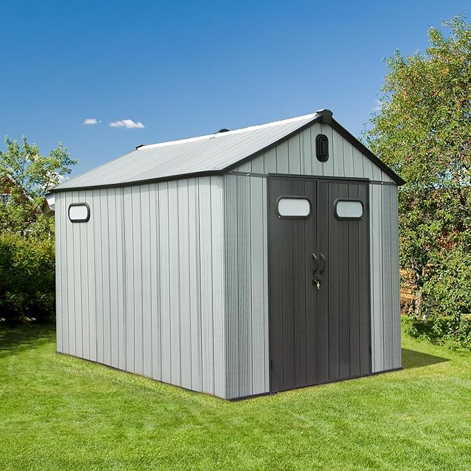 Domi 8x10 FT Outdoor Resin Storage Shed, All-Weather Double-Wall Garden Shed for Backyard, Lawn Tools, Bike, Mower & Pool Equipment with Lockable Doors, Ventilated Roof, Grey