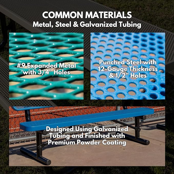Coated Outdoor Furniture Heavy-Duty Outdoor Bench Thermoplastic Coated, Expanded Metal, Commercial-Grade Seating, Made in America (Inground with Back, 6 Ft, Light Blue)