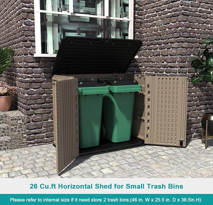 KINYING Outdoor Storage Shed - Horizontal Storage Cabinet Waterproof for Garden, Patio, Backyard, Storage Box for Easy Storage of Garbage Cans, Tools, Lawn Mower, 35 Cubic Feet,Dark Brown