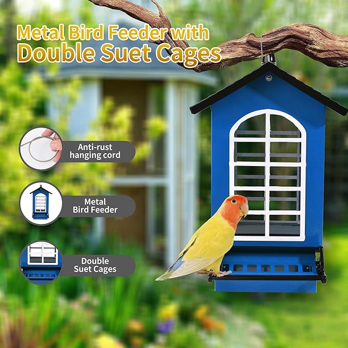 Bird Feeder Squirrel Proof Metal Hanging for Outdoor Wild Bird Seed, 5LBS with Bilateral Weight-Activated Perches, Heavy Duty Bird Feeders for Outside Wild Bird - Blue