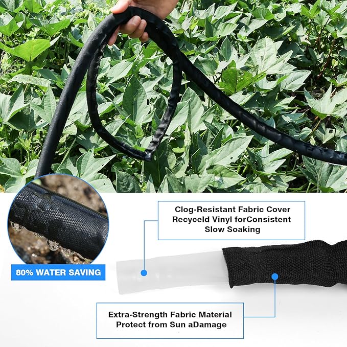 Flat Soaker Hose 50FT x 2 PACK,Drip Hose for Garden Beds Linkable Irrigation System Lightweight and Easy Watering for Tree Plant and Save 80% Water for You (100FT)