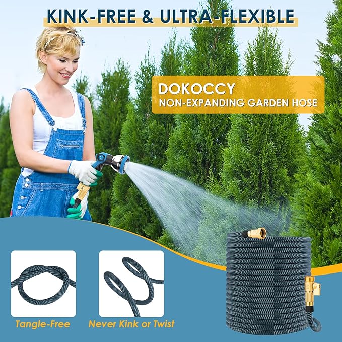 Non-Expanding Garden Hose 50 ft, Flexible Kink Free Water Hose with 10 Watering Spray Nozzle, Lightweight Hose Pipe, Leak-Proof, Durable, 3/4" Brass Alloy Connector, Portable Storage Strap