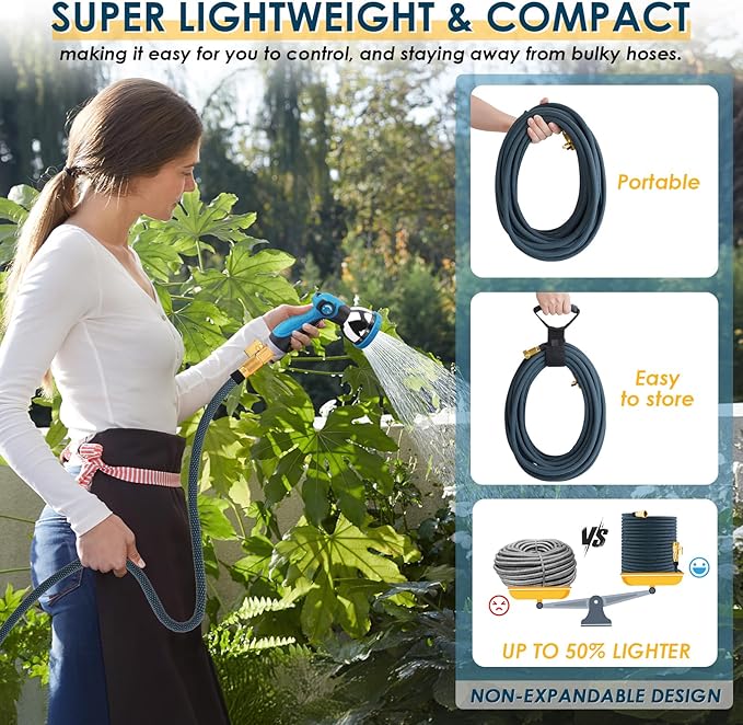 Non-Expanding Garden Hose 50 ft, Flexible Kink Free Water Hose with 10 Watering Spray Nozzle, Lightweight Hose Pipe, Leak-Proof, Durable, 3/4" Brass Alloy Connector, Portable Storage Strap