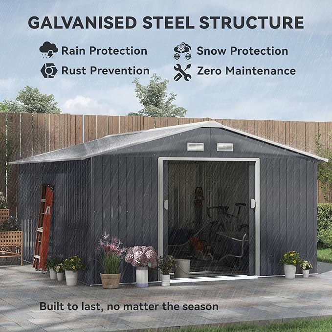 Outsunny 11' x 13' Outdoor Storage Shed, Garden Tool Metal Shed with Foundation Kit, Double Lockable Door, Air Vents and Sloping Roof, for Backyard, Patio, Lawn, Dark Gray