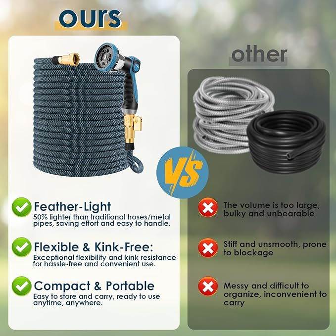 Non-Expanding Garden Hose 50 ft, Flexible Kink Free Water Hose with 10 Watering Spray Nozzle, Lightweight Hose Pipe, Leak-Proof, Durable, 3/4" Brass Alloy Connector, Portable Storage Strap