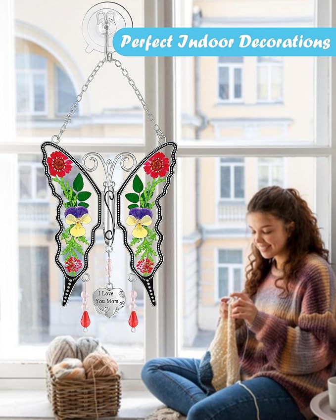 KY&BOSAM Butterfly Suncatcher I Love You Mom Gifts for Mom Pressed Flower Between Wings Glass for Windows Metal Engraved Charm as Gifts for Mother's Day Valentine's Birthday Thanksgiving Christmas