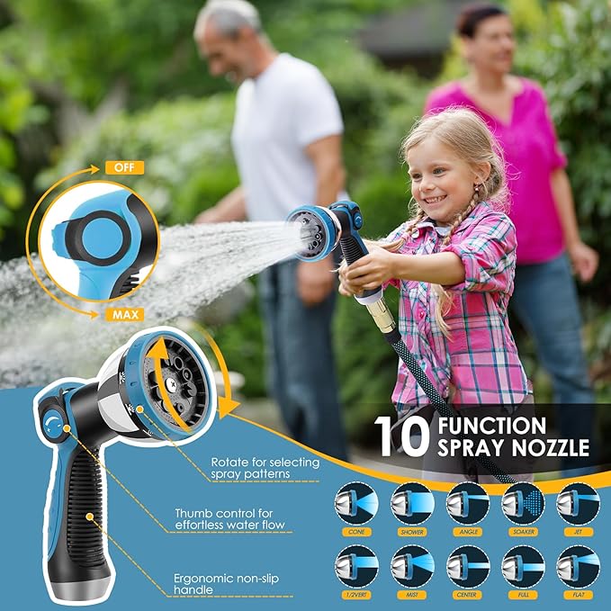 Non-Expanding Garden Hose 50 ft, Flexible Kink Free Water Hose with 10 Watering Spray Nozzle, Lightweight Hose Pipe, Leak-Proof, Durable, 3/4" Brass Alloy Connector, Portable Storage Strap