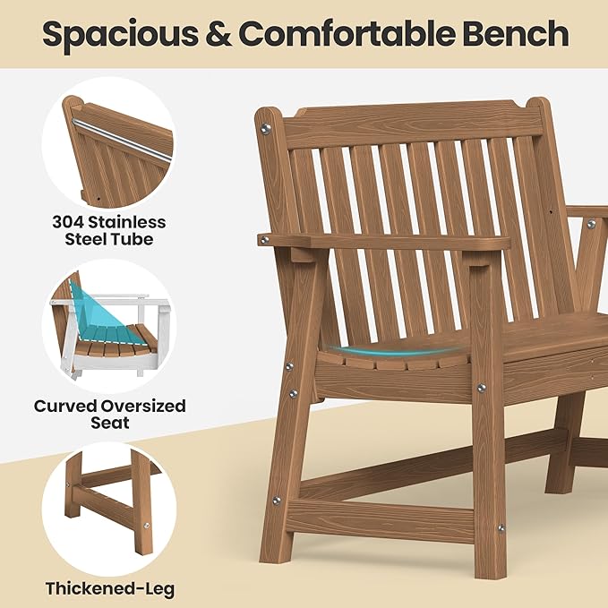 Ciokea 46" Heavy Duty Outdoor Bench, HDPE Weatherproof Garden Benches, Durable 2-Person Benches with 660 Lbs, Waterproof Patio Porch Bench for Outside Balcony Deck Backyard, Teak