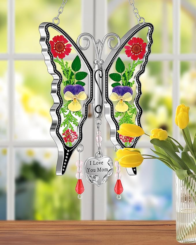 KY&BOSAM Butterfly Suncatcher I Love You Mom Gifts for Mom Pressed Flower Between Wings Glass for Windows Metal Engraved Charm as Gifts for Mother's Day Valentine's Birthday Thanksgiving Christmas