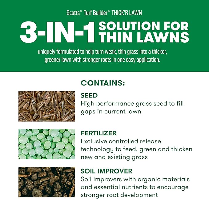 Scotts Turf Builder THICK'R LAWN Grass Seed, Fertilizer, and Soil Improver for Sun & Shade, 1,200 sq. ft., 12 lbs.