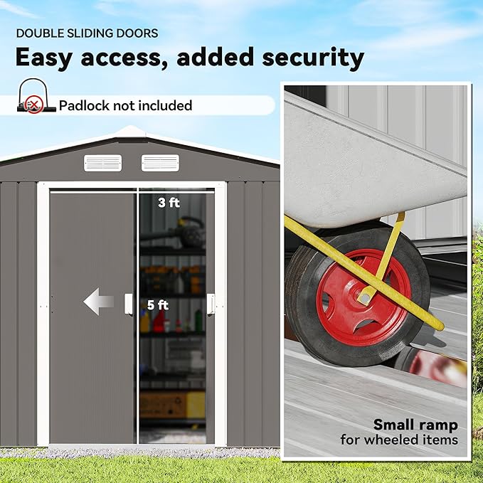 Outsunny 9' x 6' Outdoor Storage Shed, Garden Tool Metal Shed with Foundation Kit, Double Lockable Door, Air Vents and Sloping Roof, for Backyard, Patio, Lawn, Gray