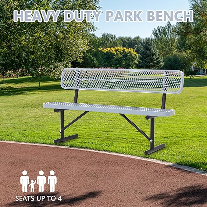 Heavy Duty Park Bench with Back Portable Frame, Outdoor Steel Bench with Backrest, Outdoor Park Bench Expanded Metal Mesh Bench for Lawn, Park, Deck, Garden, Patio, Porch, Black (Gray, 8FT)