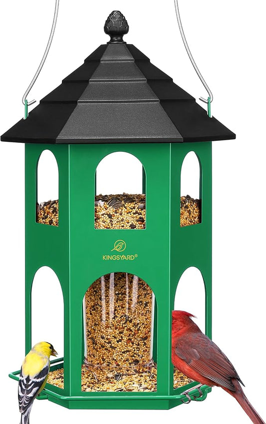 Kingsyard Metal Bird Feeder for Outdoor Hanging, Wild Bird Feeders with Circular Perch, Easy to Clean & Refill, 4 lbs Large Seed Capacity, Green