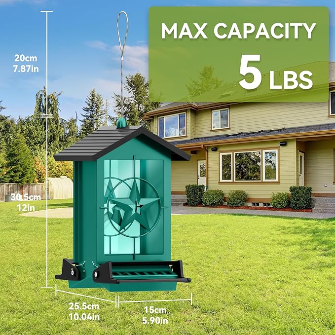 Squirrel Proof Bird Feeder for Outdoors Hanging, Metal Wild Bird Seed Feeder with Bilateral Weight-Activated Perches, 5LB Large Capacity Wild Bird Feeders for Outside Finch, Cardinal, Blue Jay