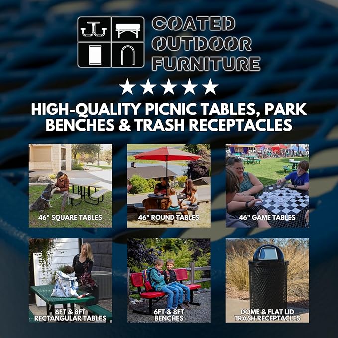 Coated Outdoor Furniture Heavy-Duty Outdoor Bench Thermoplastic Coated, Expanded Metal, Commercial-Grade Seating, Made in America (Inground with Back, 6 Ft, Light Blue)