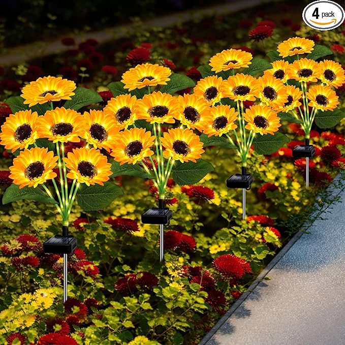 Solar Lights Outdoor Garden Decor,4 Pack with 24 Sunflower Lights,Solar Flowers Lights Waterproof,Sunflowers Gifts for Mom Women Grandma Birthday,Decorative Stakes Lights for Yard Patio Lawn