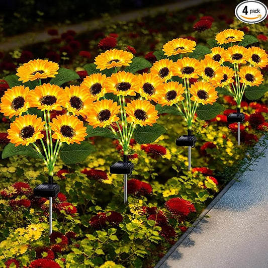 Solar Lights Outdoor Garden Decor,4 Pack with 24 Sunflower Lights,Solar Flowers Lights Waterproof,Sunflowers Gifts for Mom Women Grandma Birthday,Decorative Stakes Lights for Yard Patio Lawn
