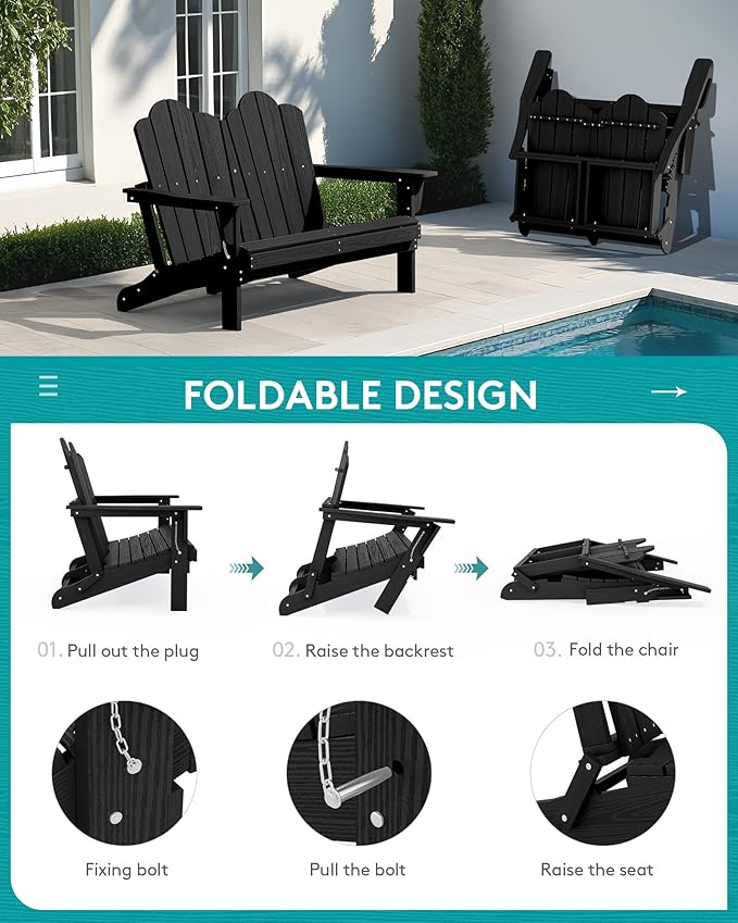 SERWALL Folding Adirondack Bench, HDPE All-Weather Adirondack Loveseat, 660 lbs Capacity, Foldable Outdoor Patio Bench for Deck, Lawn, Garden, Black