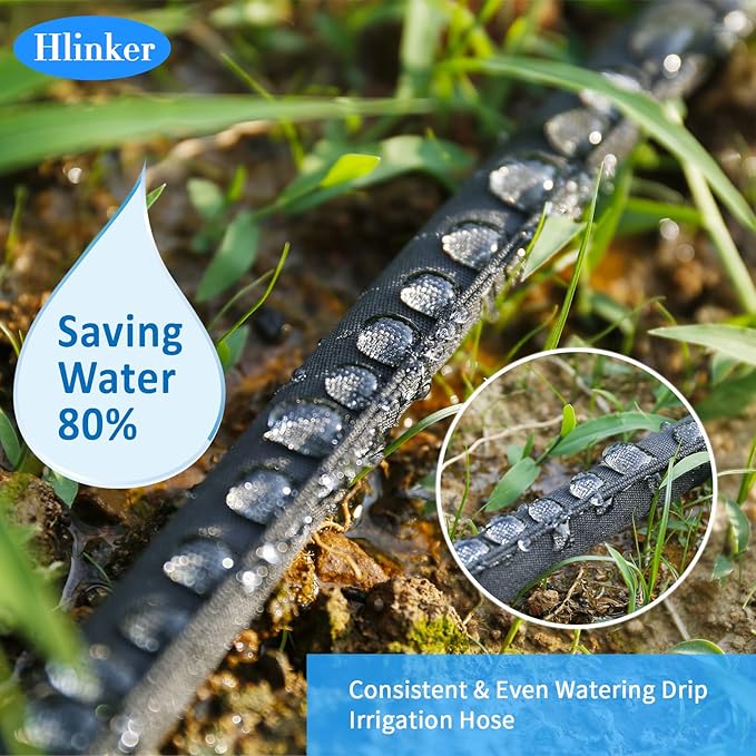 Flat Soaker Hose 15 25 50 75 FT for Garden Beds, 25Ft 1/2" Linkable Consistent Drip Irrigation Hose Save 80% Water, Leakproof Heavy Duty Double Layer Sprinkler Hose