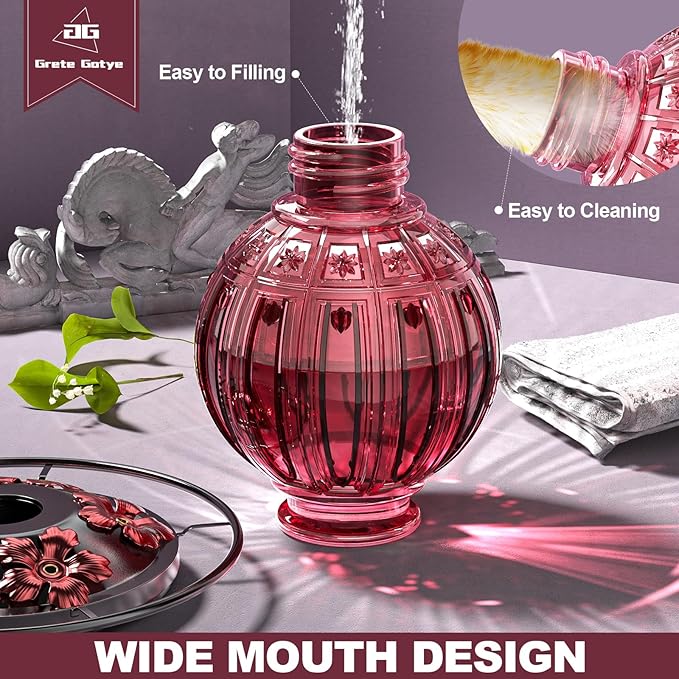 Glass Hummingbird Feeder for Outdoors Hanging, 26Oz Bird Nectar Feeder with Perch & 5 Flower Feeding Ports, Leak Proof for Outside Garden Decor Backyard, Gifts for Women Mom, Red