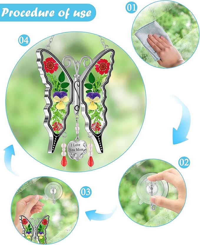KY&BOSAM Butterfly Suncatcher I Love You Mom Gifts for Mom Pressed Flower Between Wings Glass for Windows Metal Engraved Charm as Gifts for Mother's Day Valentine's Birthday Thanksgiving Christmas