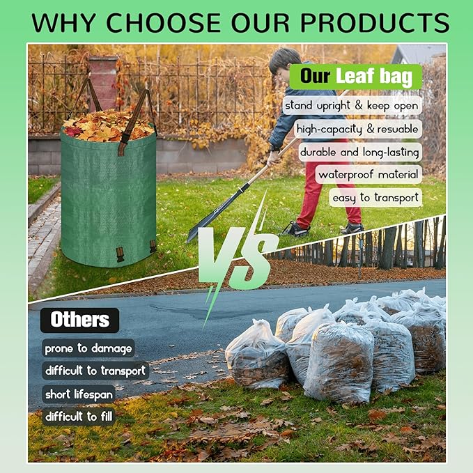 Leaf Collector Bag with Lid, Shoulder Strap, and Drawstring – Reusable Yard Garden Bag for Leaves and Lawn Trash, Perfect for Leaf Removal, Yard Clean-Up (Without lid, 48 Gallon)
