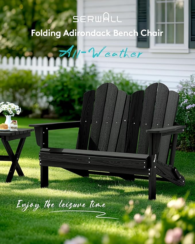 SERWALL Folding Adirondack Bench, HDPE All-Weather Adirondack Loveseat, 660 lbs Capacity, Foldable Outdoor Patio Bench for Deck, Lawn, Garden, Black